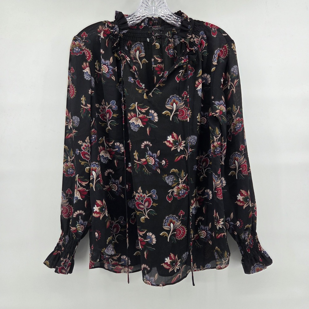 Ann Taylor Petite Blouse MP Black Floral Ruffle Neck Smocked Cuff Boho Eclectic